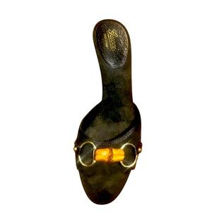 Authentic Gucci Women's Blk Leather & Bamboo Straw Bit Open Toe Sandal Heel 8.5